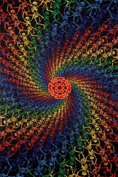 3D Rainbow Dancing Skeletons Spiral Tapestry - psychedelic hippie art includes FREE 3D Glasses
